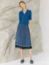 Blue Geometric Print Pleated Midi Skirt