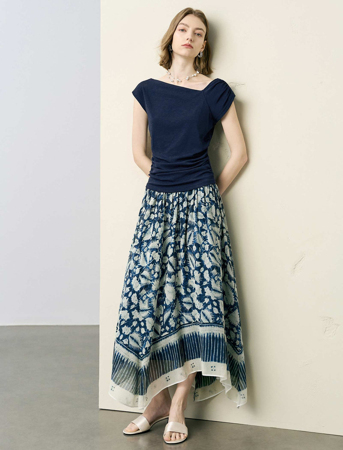 Navy Blue Asymmetric Neck Ruched Knit Top