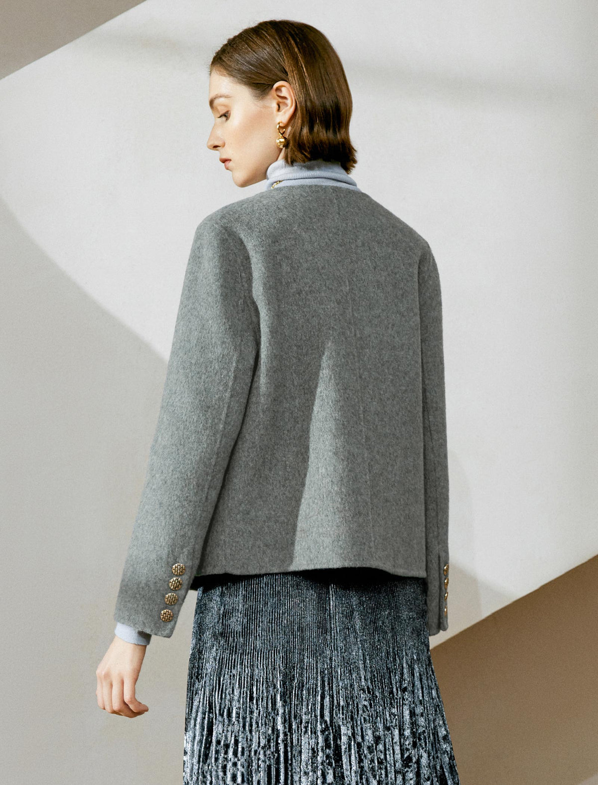 Wool Decorative Pockets Cropped Coats