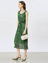 Emerald Green Crinkled Metallic Floral Midi Dress