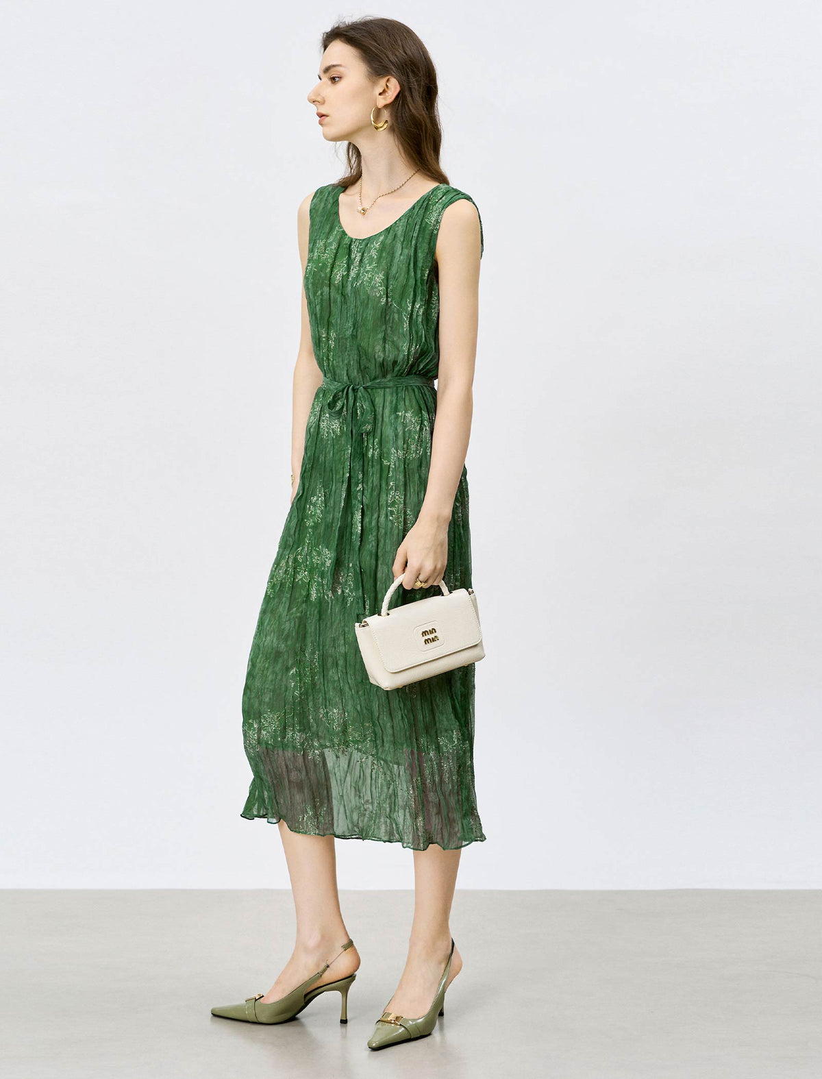 Emerald Green Crinkled Metallic Floral Midi Dress
