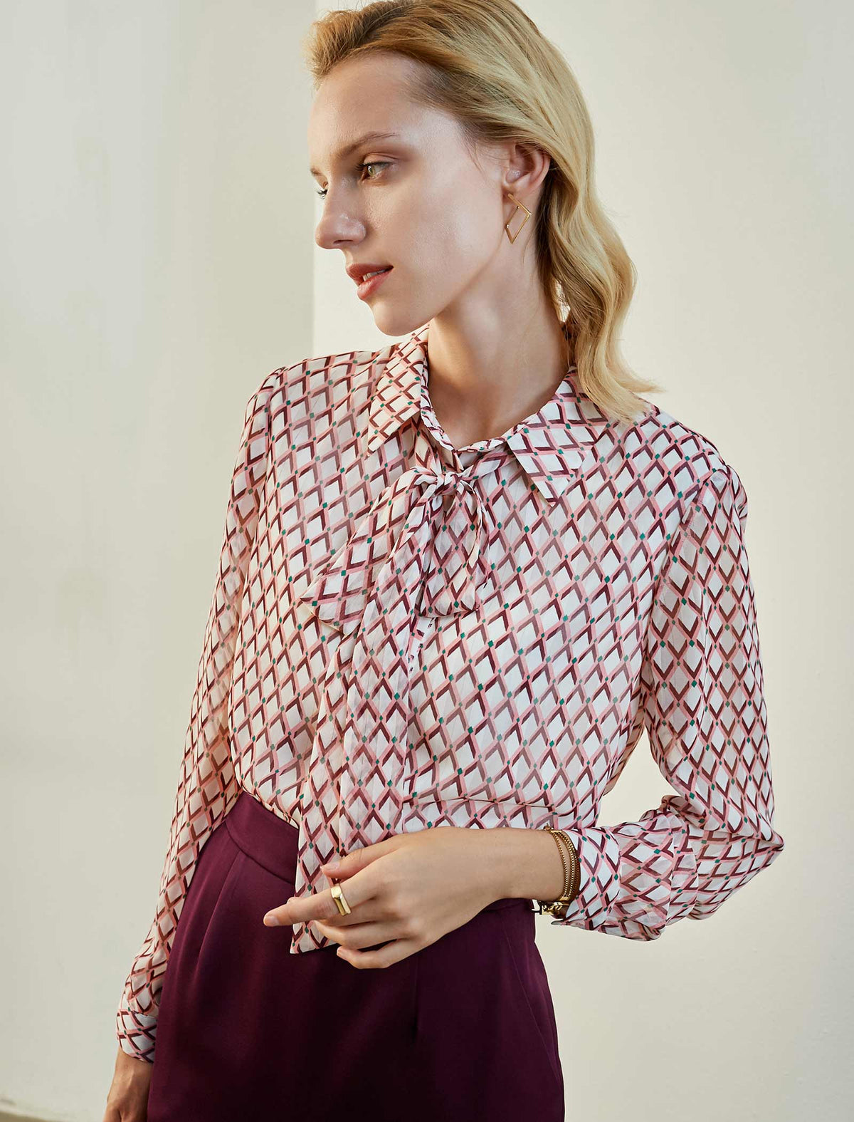 Geometric Tie-Neck Blouse