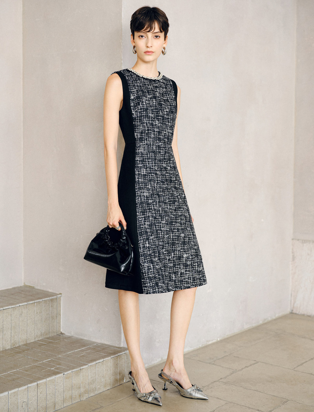 Wool Blend Pearl Beaded Crewneck Tweed Sheath Dress