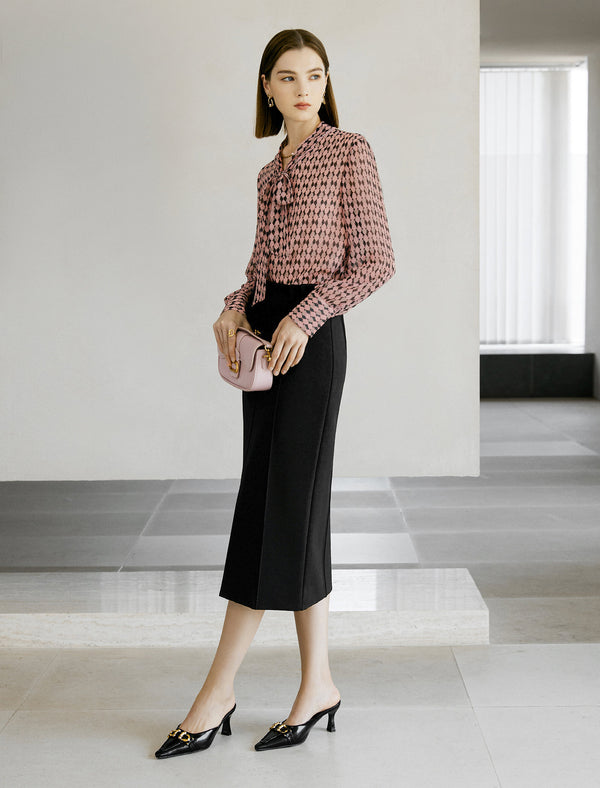 Black Front Slit Tailored Midi Pencil Skirt