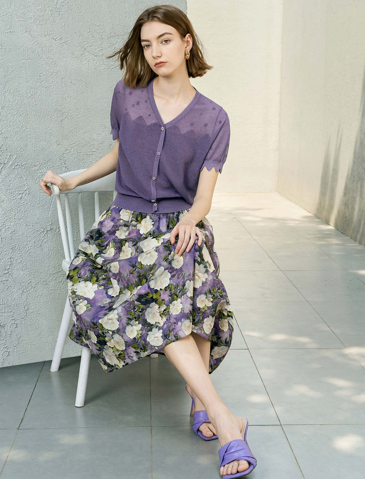 Lavender Scalloped Sleeve Knit Cardigan