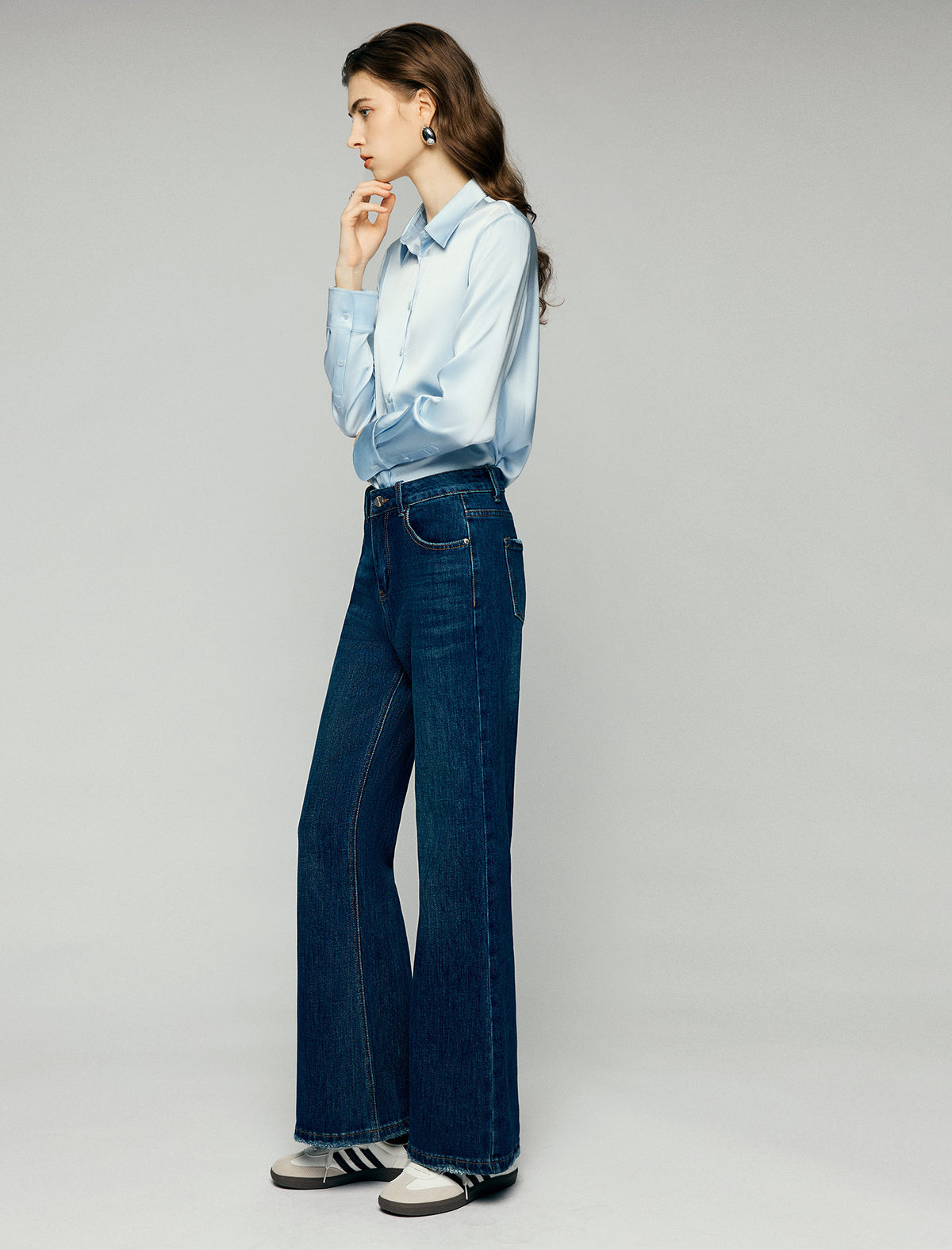 Heart-Detail High-Waist Fringe-Hem Wide-Leg Jeans