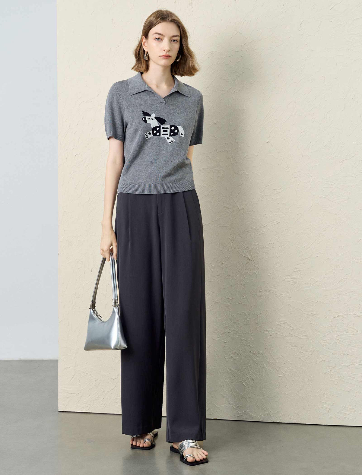 Dog Jacquard Polo Collar Knit Top