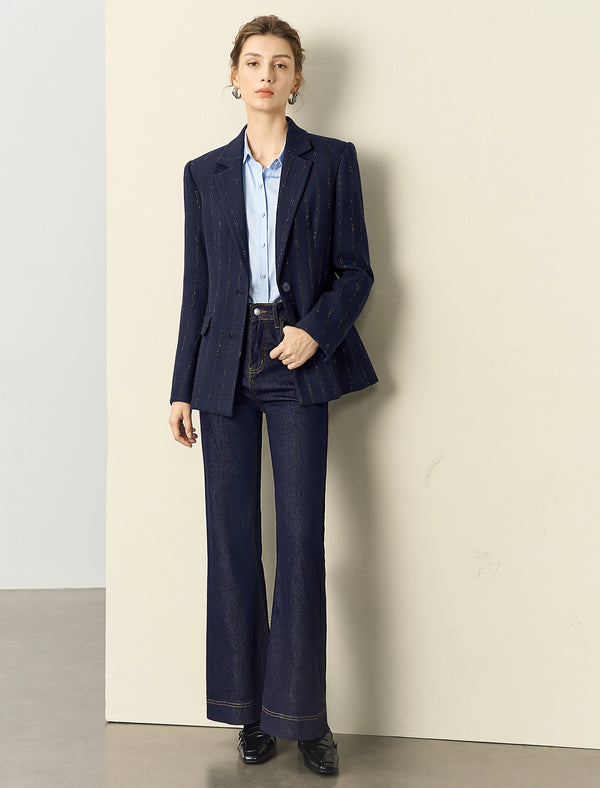 Wool Blend Navy Blue Metallic Striped Blazer