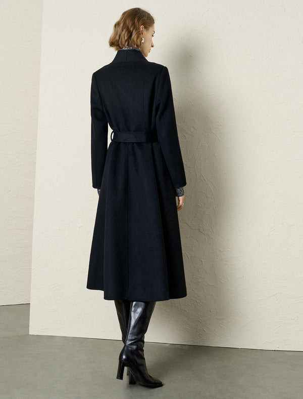Black Wool-Cashmere Blend Self-Tie Wrap Coat