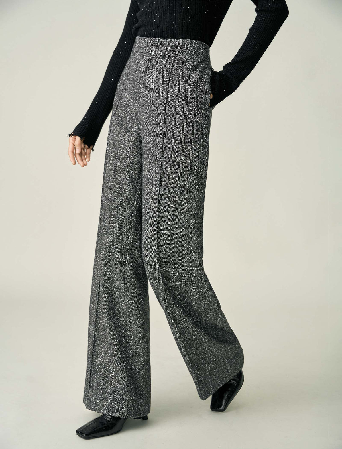 Wool Blend High-Waist Wide-Leg Full-Length Pants