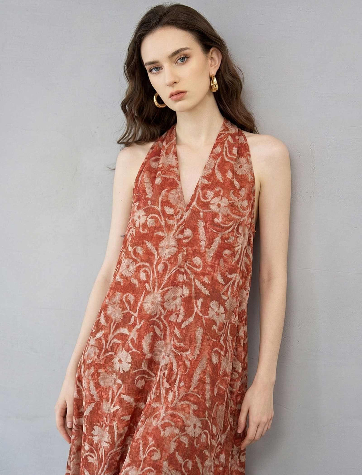 Red Ramie Floral Print Vacation Maxi Dress