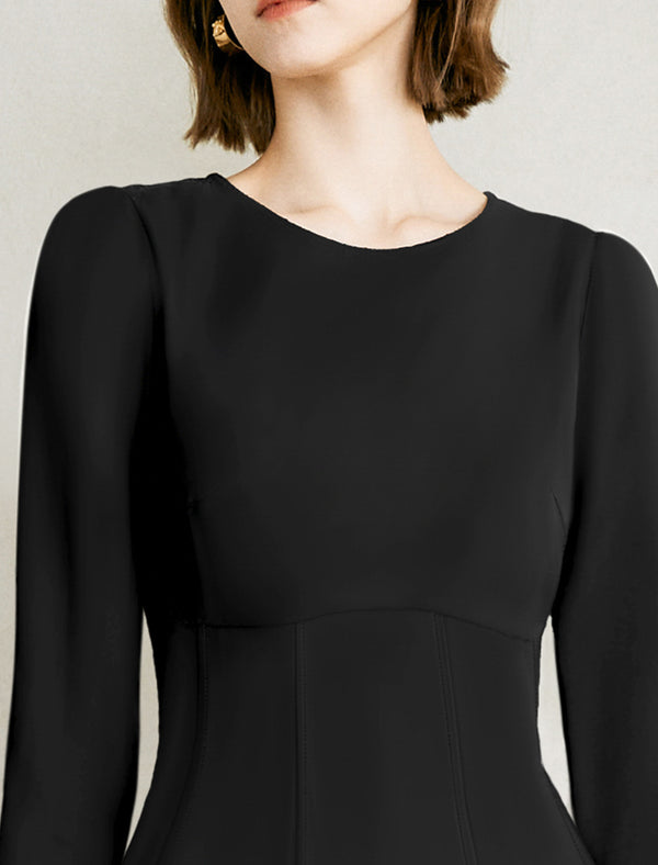 Black A-Line Long Sleeve Midi Dress