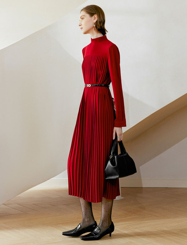Mock Neck Pleated Midi Dress