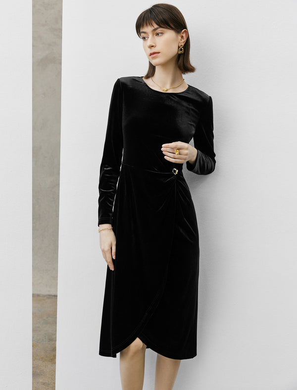 Black Velvet Irregular Hem Long Sleeve Midi Dress