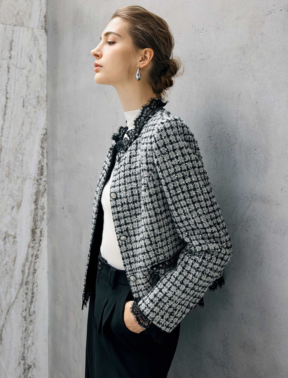 Wool Blend Plaid Crewneck Long Sleeve Jacket