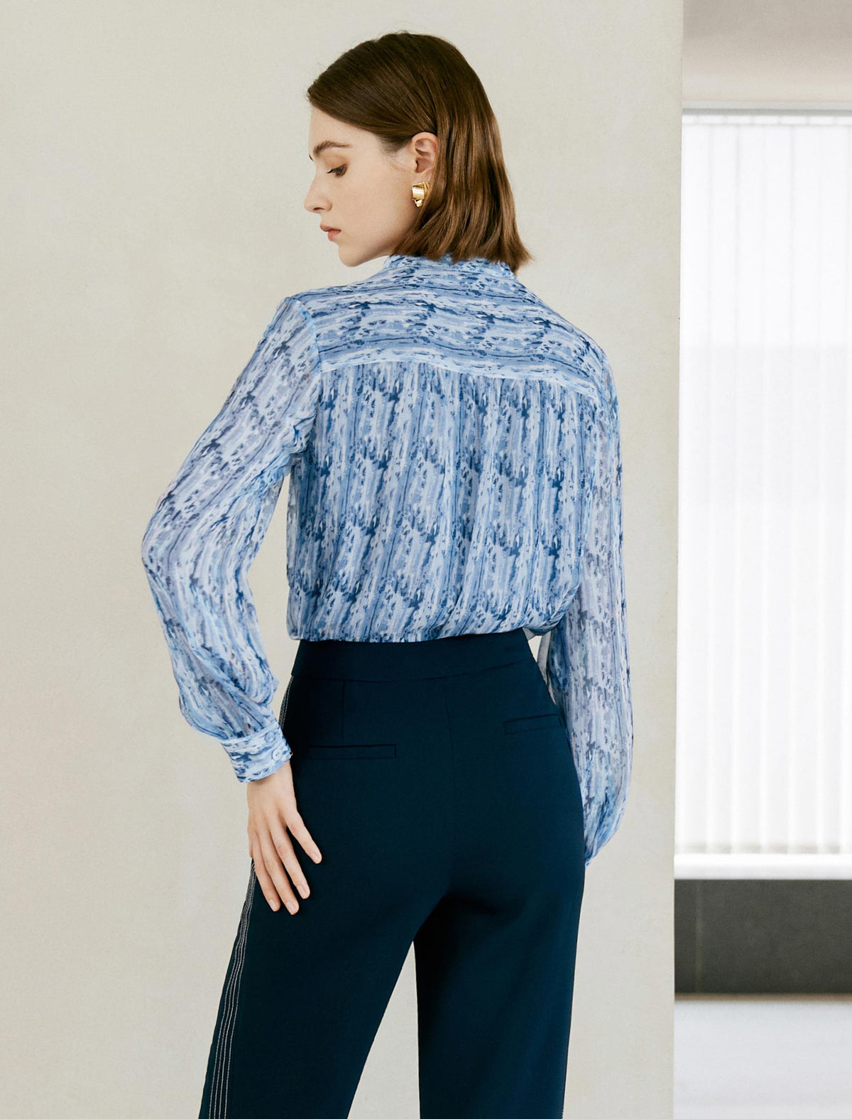 Blue Floral Stand Collar Chiffon Long-Sleeve Blouse
