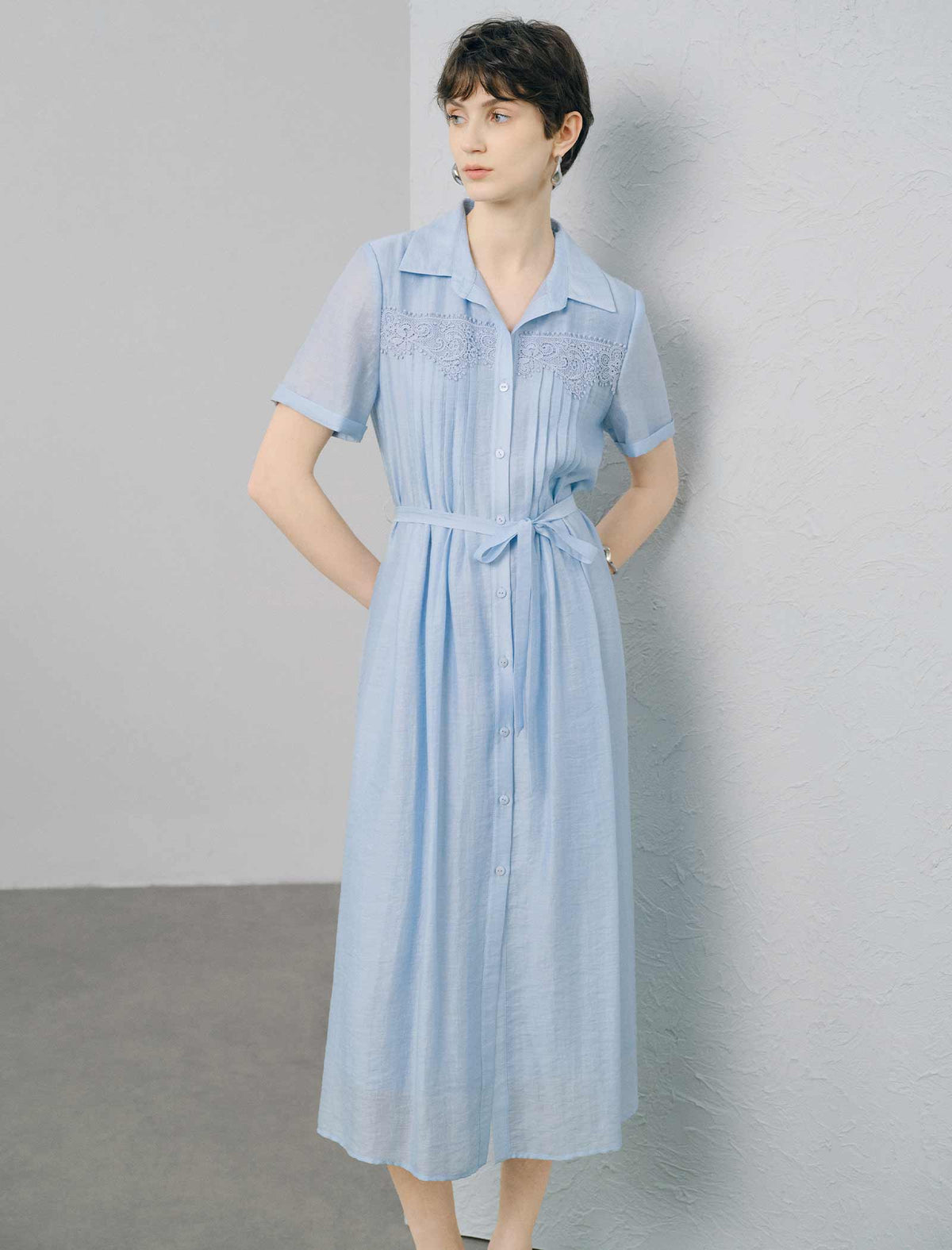 Light Blue Tencel Linen Blend Lace-Trimmed Shirt Midi Dress
