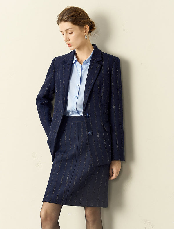 Wool Blend Navy Blue Metallic Striped Midi Skirt