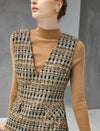 Wool Blend Plaid V-Neck Pocket Sleeveless Shift Dress