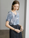 Leaf Print Tie Neck Puff Sleeve Top