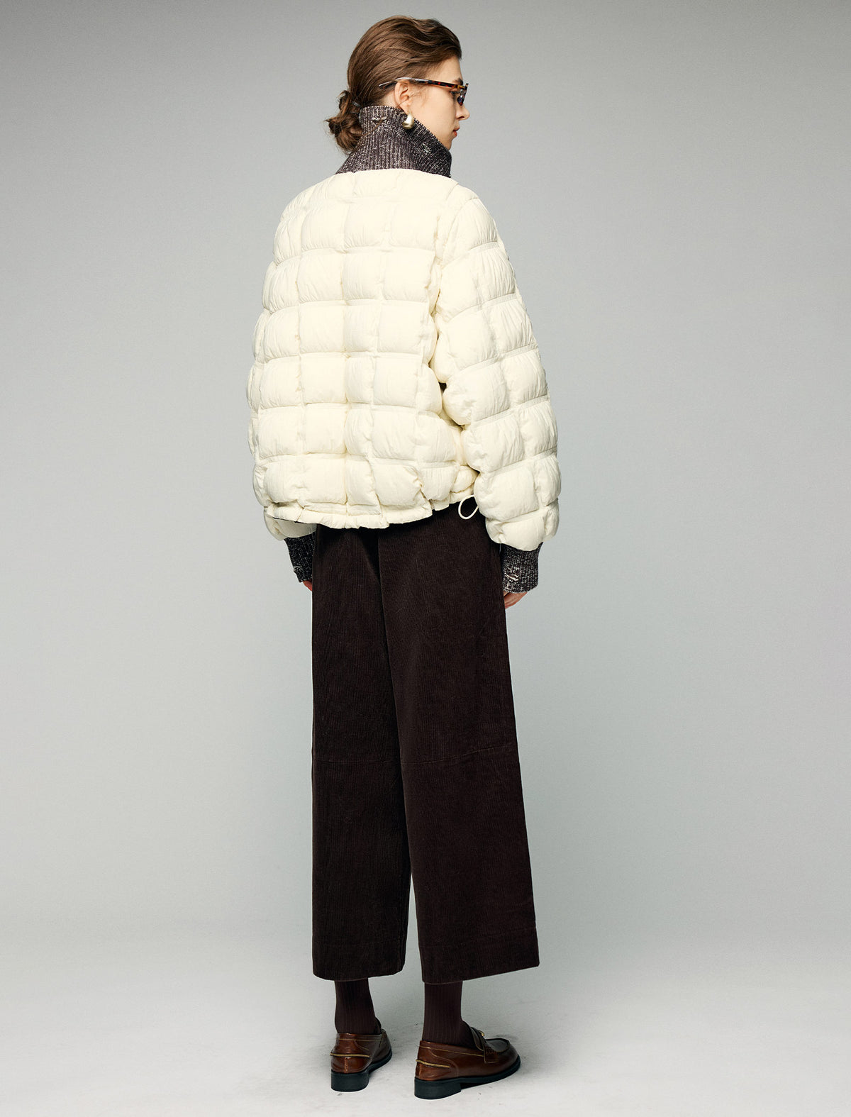 Textured-Trim Contrast-Collar Button-Front Puffer Jacket