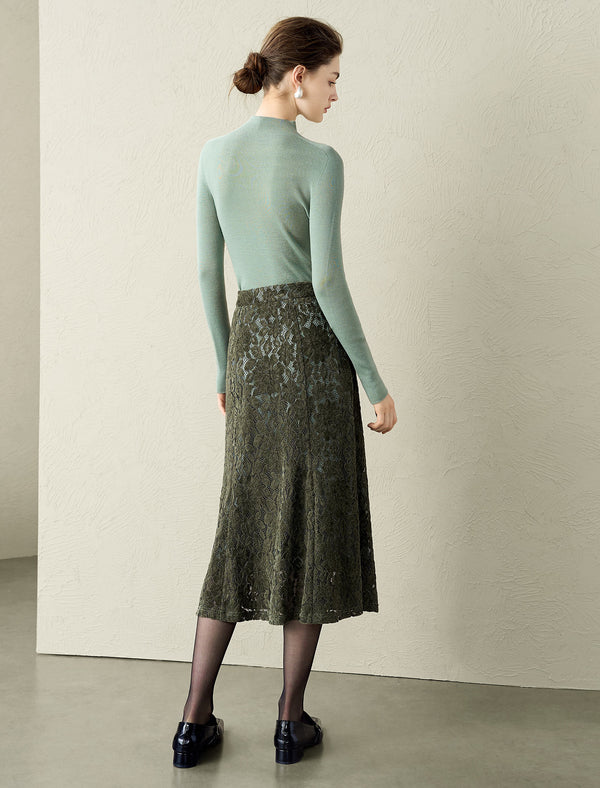 Olive Green Lace Midi Skirt