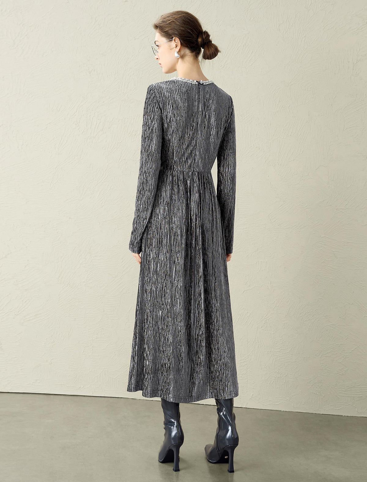 Velvet Waist-Defining Long-Sleeve Dress