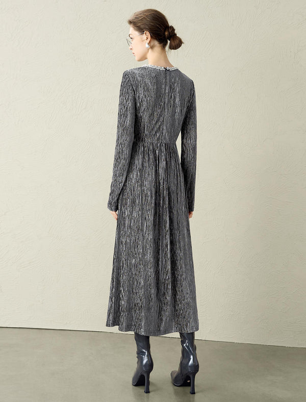 Velvet Waist-Defining Long-Sleeve Dress