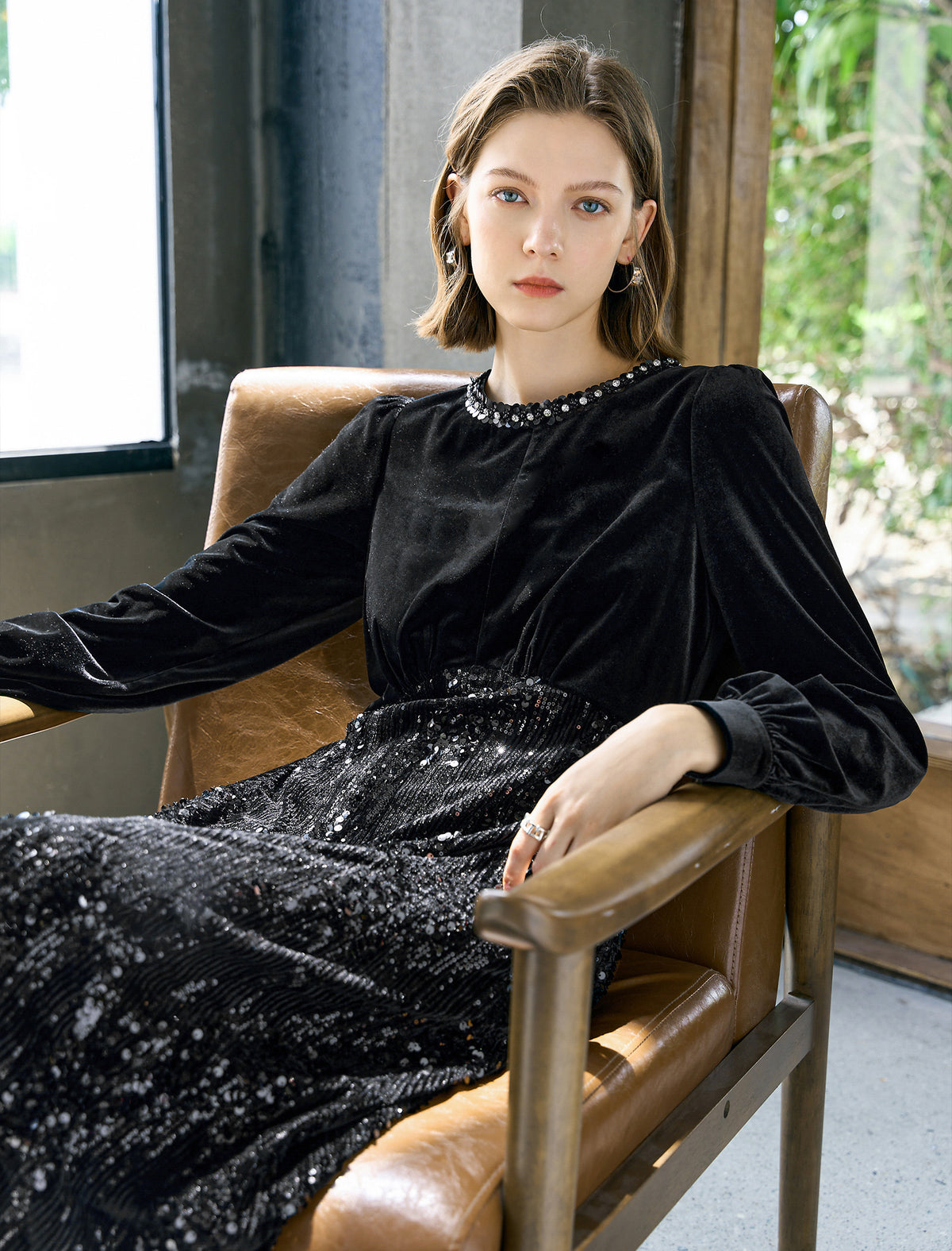 Black Velvet Sequin Midi Dress