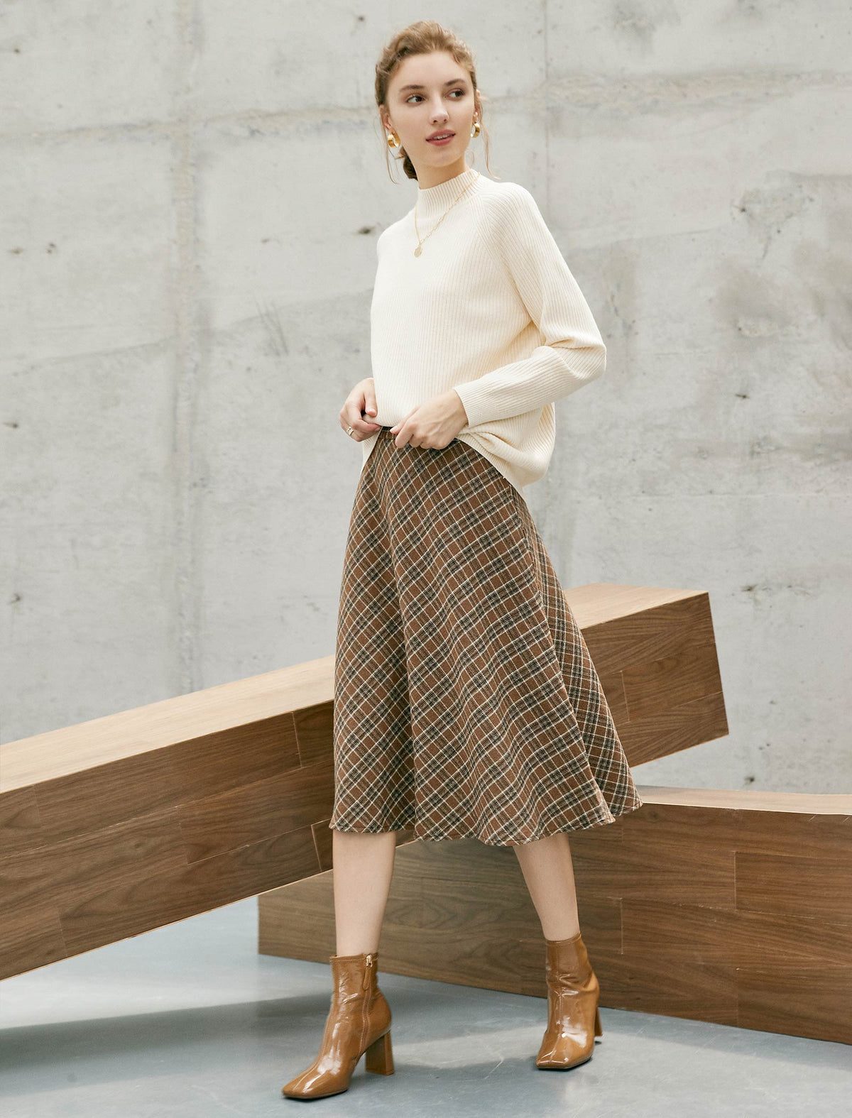 Wool Blend Plaid Relaxed A-Line Skirt