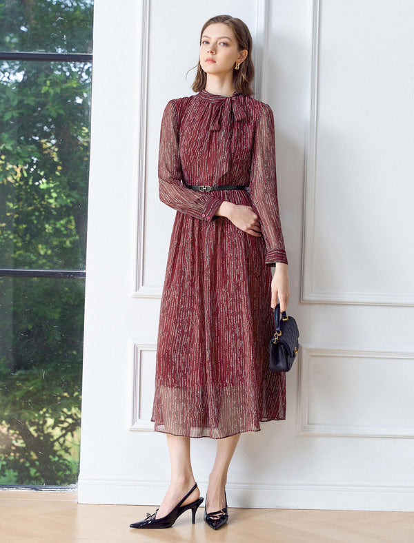 Tie-Neck Striped Print Midi Dress