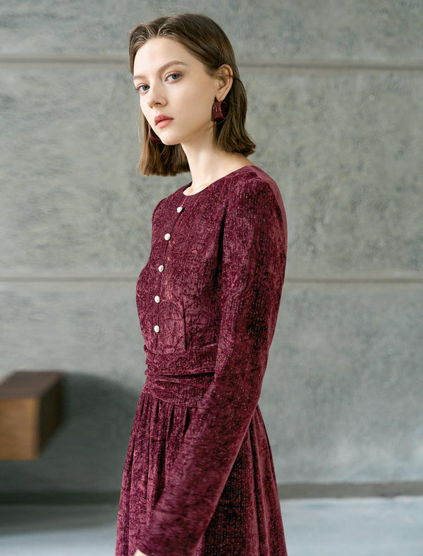 Red Velvet Belted Long-Sleeve Midi Dress