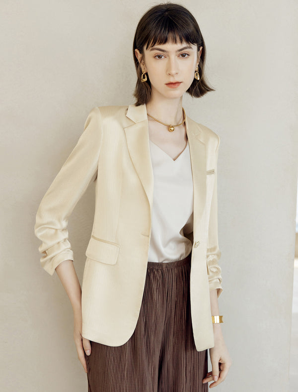 Champagne Textured Ruched Sleeve Blazer