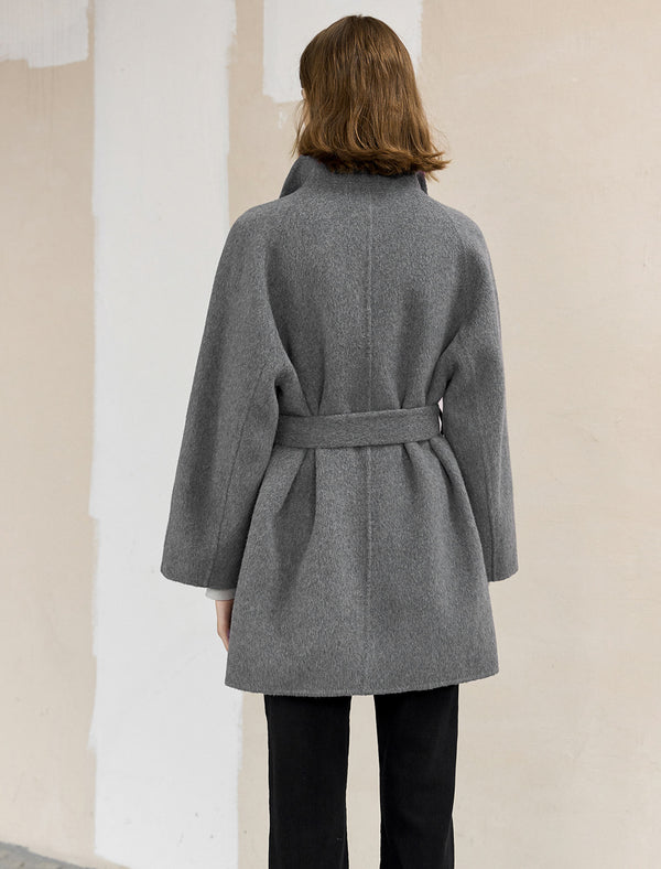 Wool-Blend Button Detail Self-Tie Coat