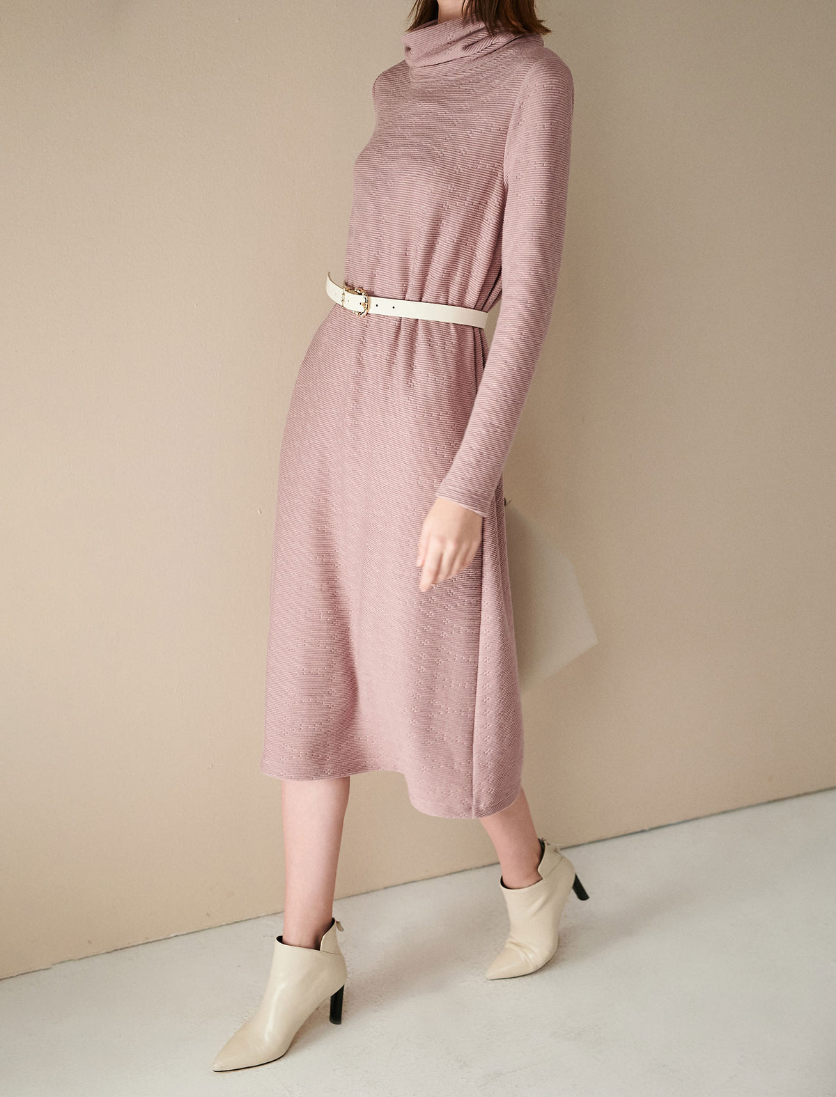 Textured Turtleneck Belted Dress