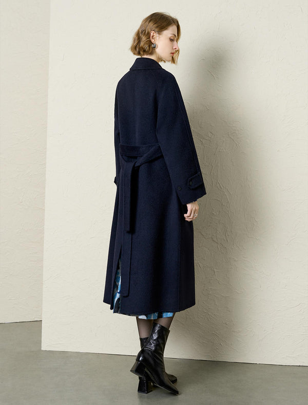 Navy Wool-Cashmere Blend Self-Tie Coat