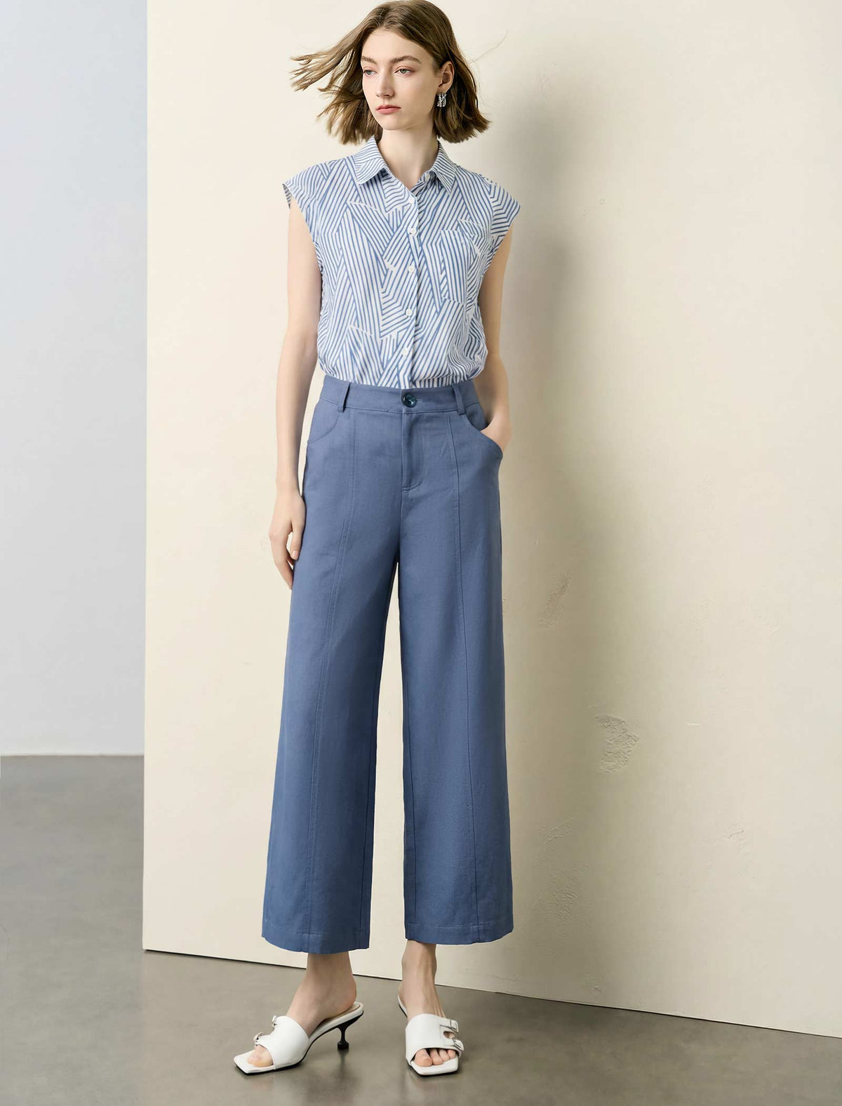 Sleeveless Striped Collared Shirt