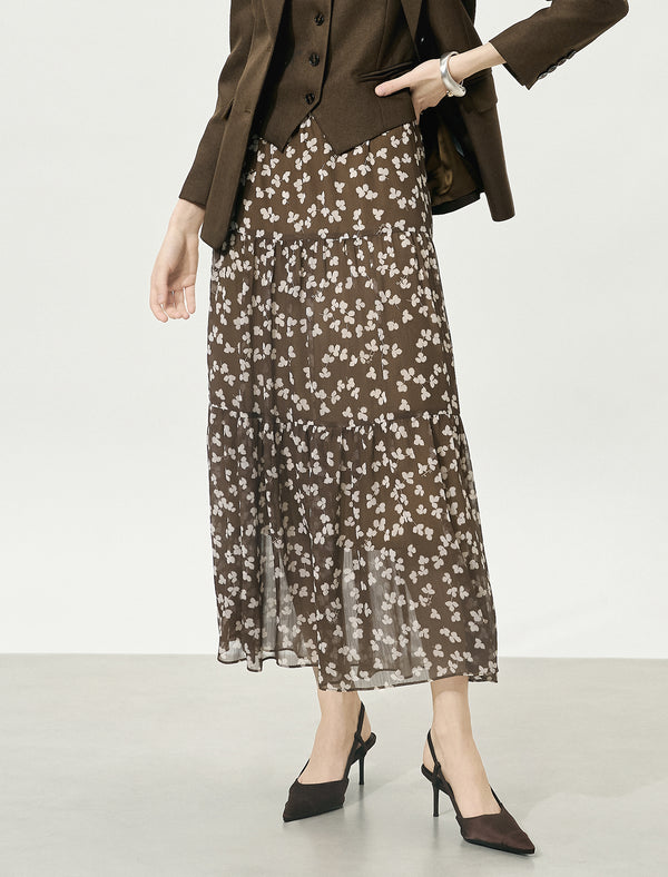Brown Floral Multi-Layered Midi Skirt
