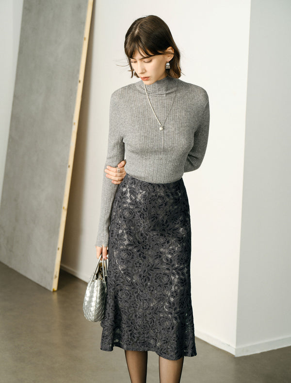 Floral Lace Flared Hem Midi Skirt