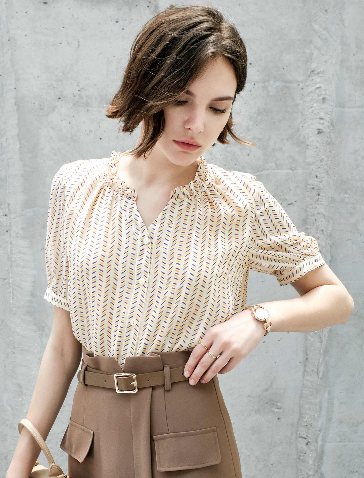 Ruffle Collar Striped Puff Sleeve Short Sleeve Top