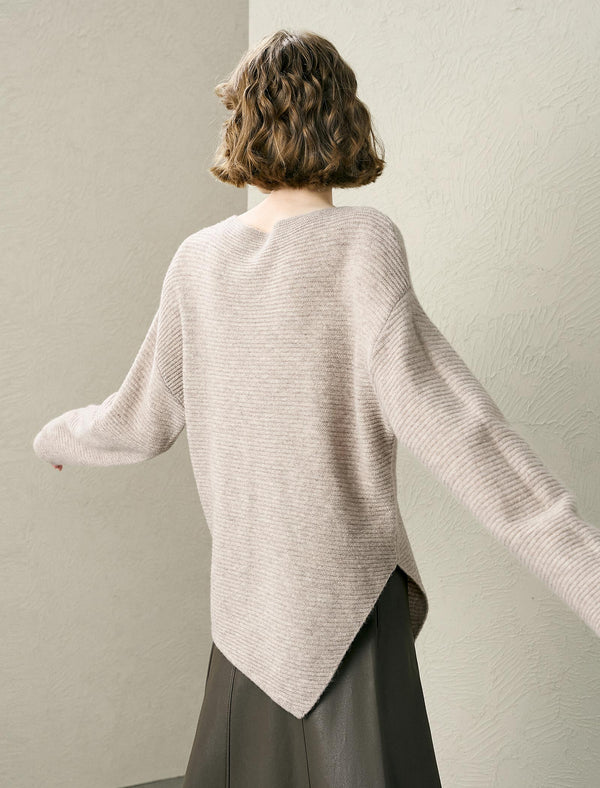 100% Wool Asymmetric Hem Rib Knit Sweater