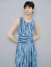 Blue Abstract Print Sleeveless Ruched Waist Midi Dress