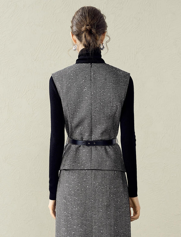 Gray Herringbone Wool-Blend Tweed Vest