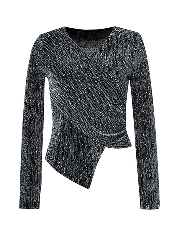 Glittery Wrap-Front Long Sleeve Top