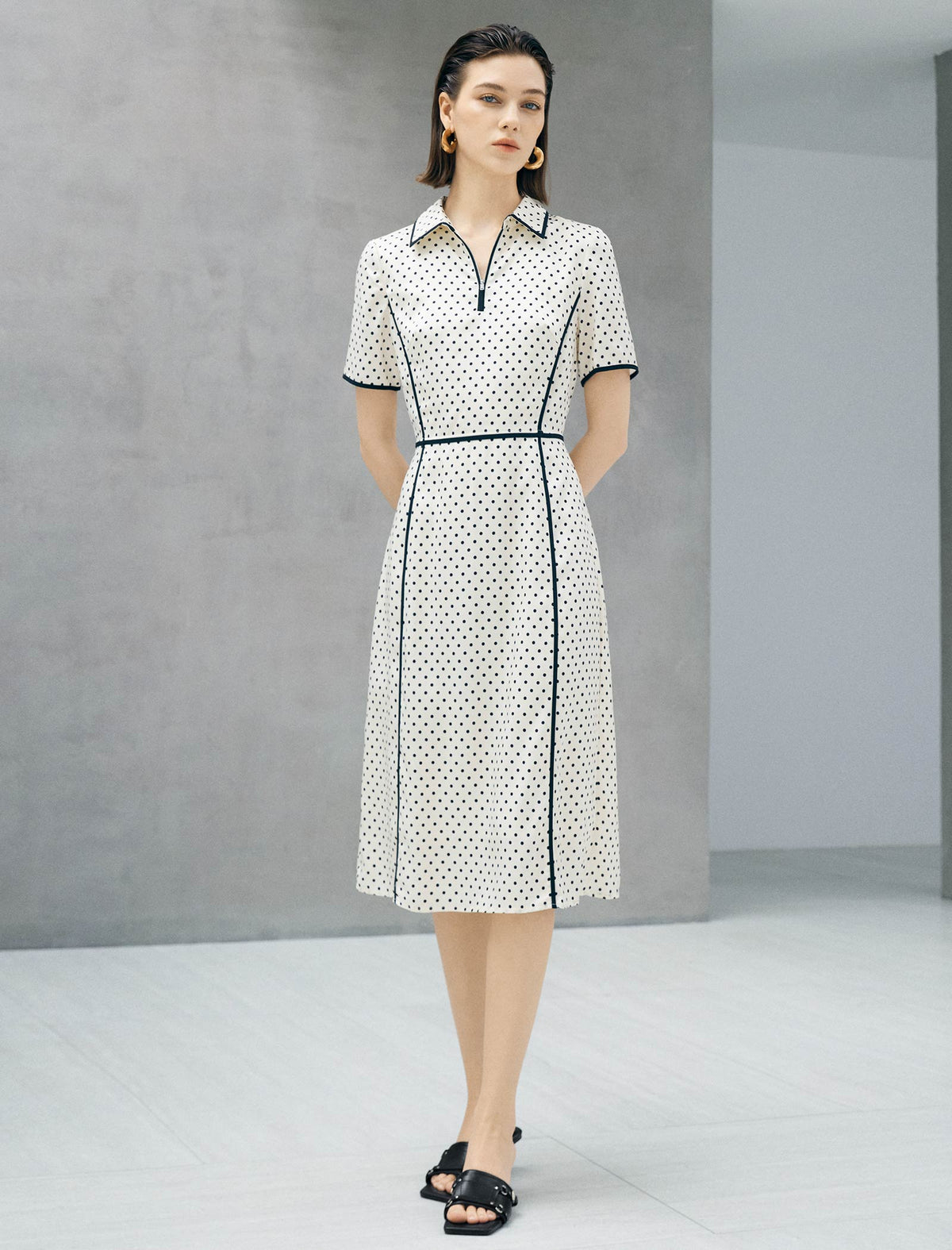 Ivory Polka Dot Contrast Trim Midi Shirt Dress