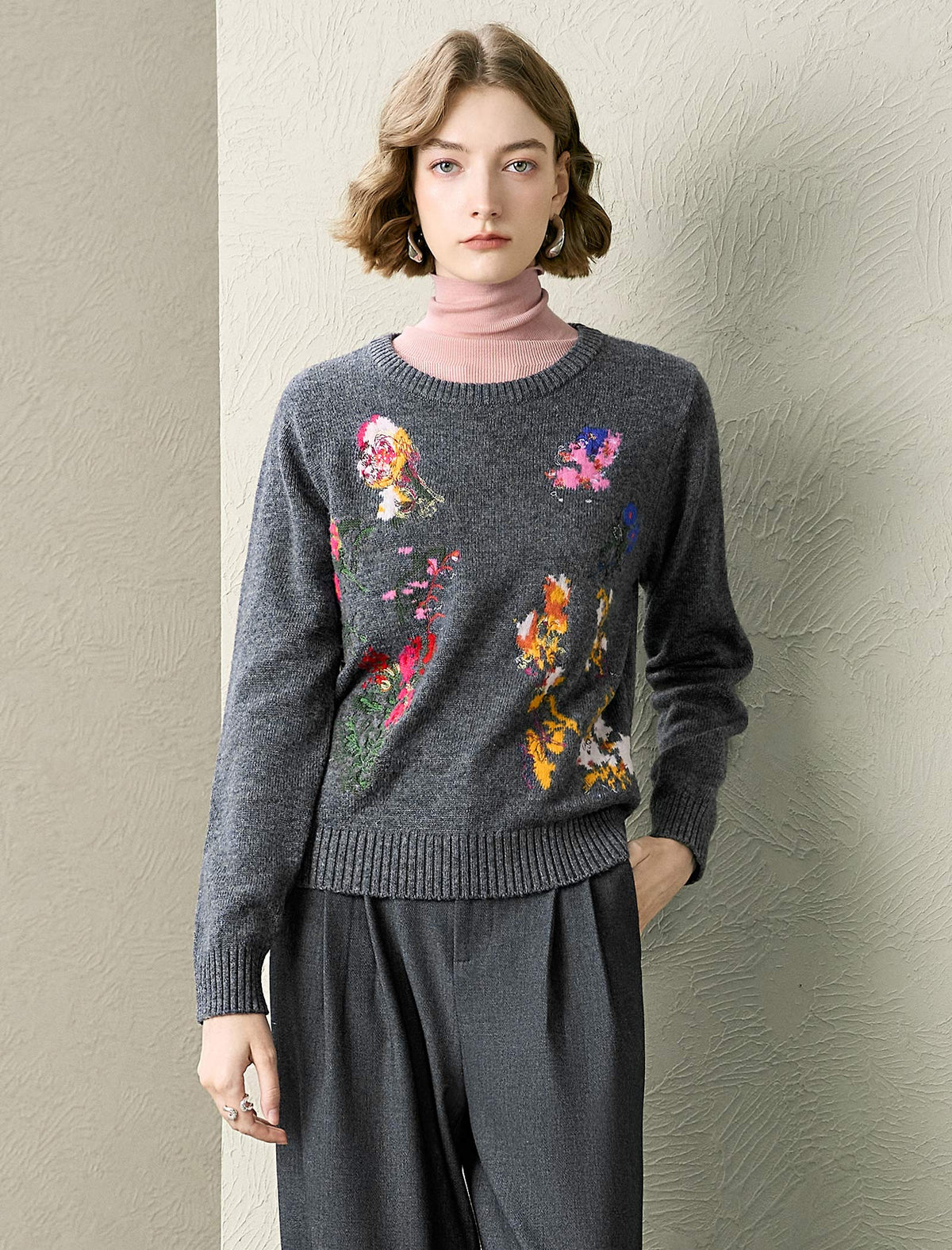 Gray Embroidered Vintage Wool Knit Sweater
