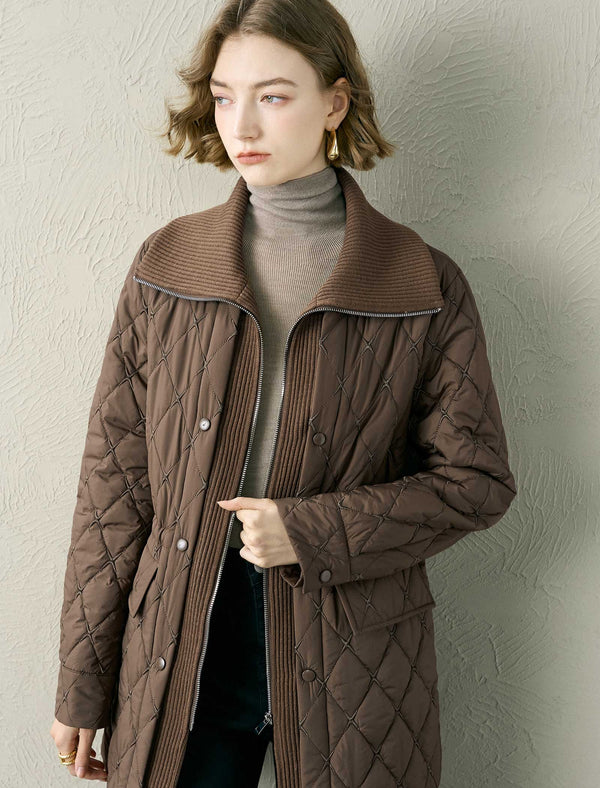 Brown Knit Collar Quilted Jacket
