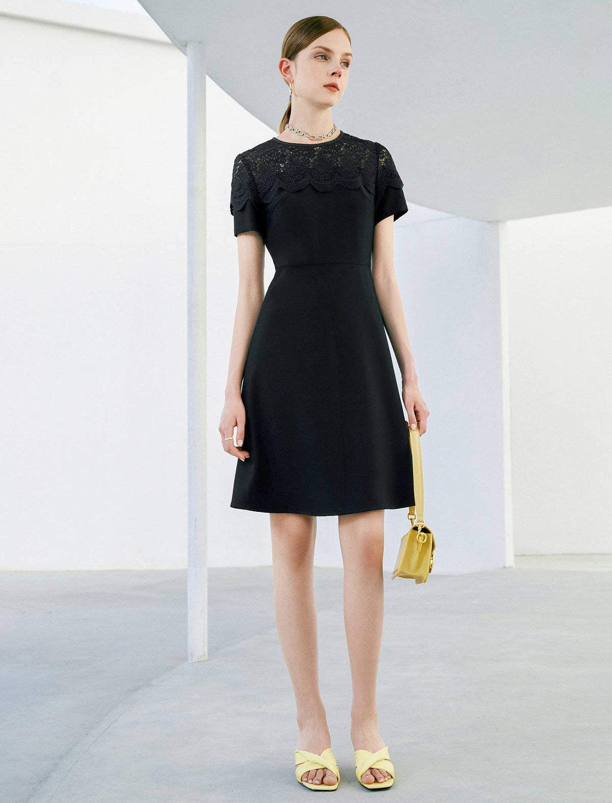 Lace Round Neck Waist-Cinched Dress