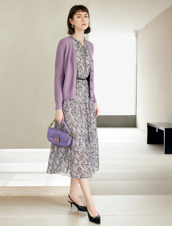 Purple Minimalist V-Neck Long-Sleeve Knit Cardigan