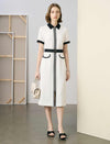 Contrast Collar Zip Front Belted Pencil Midi Office Dress